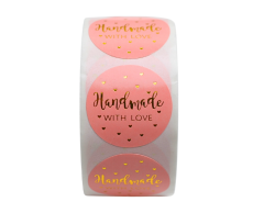 “Handmade with love” pink round stickers with gold foil, on roll, 25mm, 500 pcs per roll