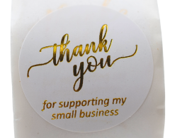 “Thank you for supporting my small business” runde klistermærker, hvide med guldskrift, på rulle, 25mm, 500 styk pr. rulle